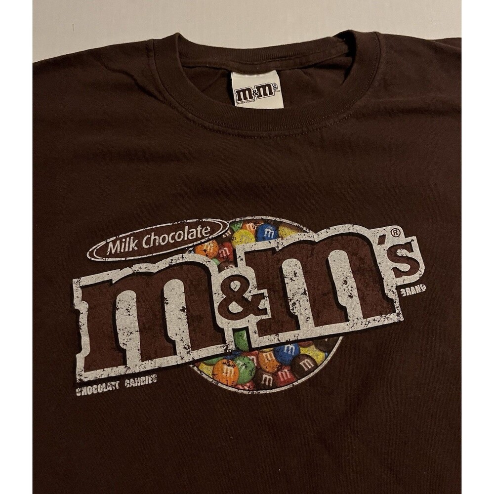 Vintage 2009 M&M’s Chocolate Candy Mars Y2K Logo SS T-Shirt XL Brown OFFICIAL